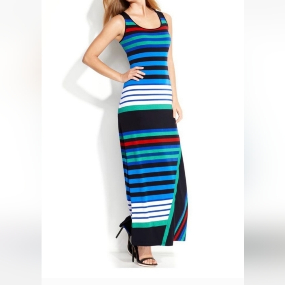 Ellen Tracy Multicolor Striped Tank Style Jersey Poly Knit Maxi Dress Size 6